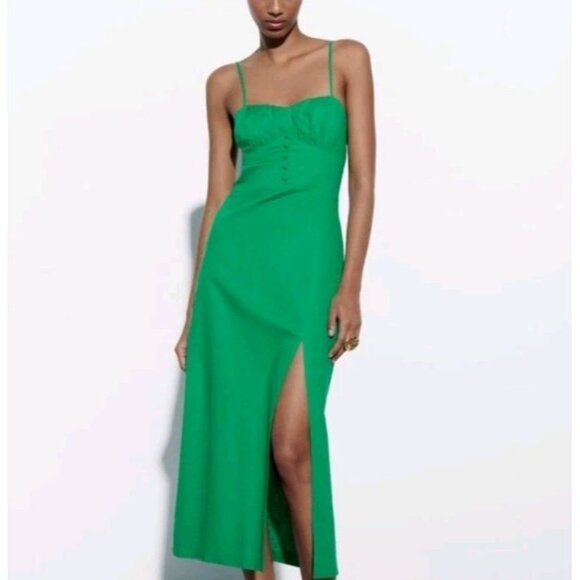 Zara M Linen Blend Strappy Back Corset Button Midi Front Slit Dress Green Travel - Picture 1 of 15